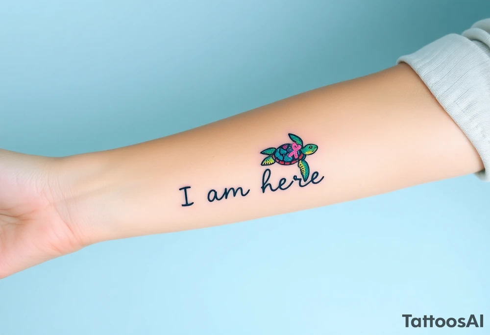 ‘I am here’ with breast cancer pink ribbon as I with Hawaiian theme sea turtle tattoo idea