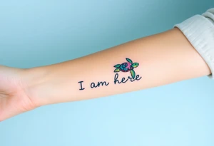‘I am here’ with breast cancer pink ribbon as I with Hawaiian theme sea turtle tattoo idea