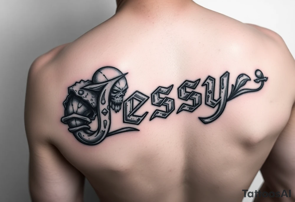 the name Jessy in a stone golem tattoo idea