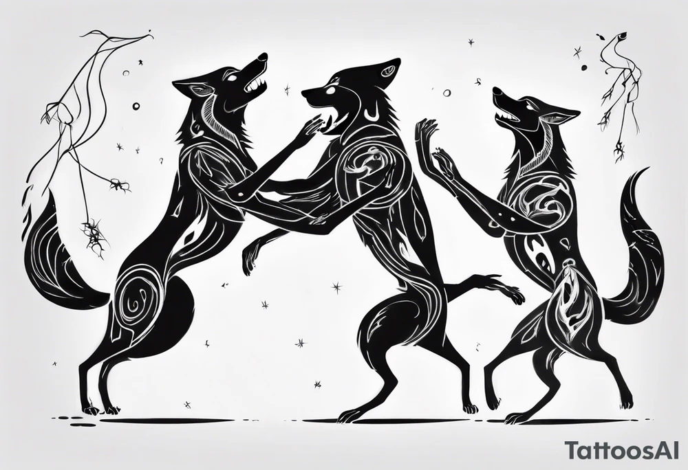 stick figures of two wolves dancing on their hind legs. tattoo idea