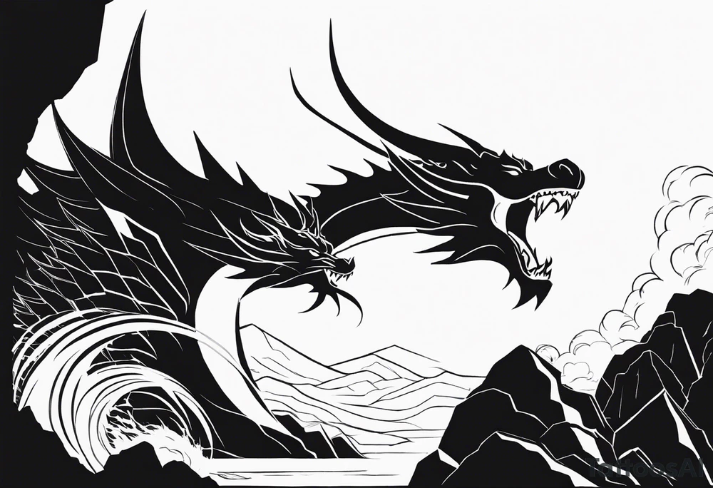 A black-and-white silhouette of a legendary, fearsome dragon with sharp, angular scales and a wide open mouth, breathing intense fire. The dragon is perched on a rocky outcrop, its form outlined in bold black, with the fire coming from its mouth represented by jagged, sharp lines, creating a dynamic contrast against the white background. The rocky outcrop is depicted with angular, abstract shapes, all in solid black. The sky is dark and cloudy, with swirling shapes and clouds outlined in bold black against the white backdrop, adding a sense of foreboding and power. The entire image focuses on strong contrasts, with no shading or gradients, capturing the fearsome energy of the dragon. tattoo idea