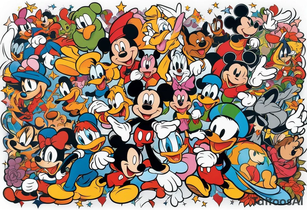 Upper arm half sleeve tattoo featuring Disney and Universal characters tattoo idea