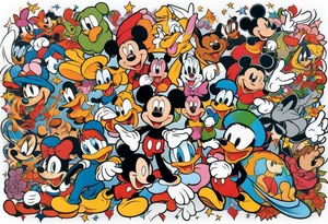 Upper arm half sleeve tattoo featuring Disney and Universal characters tattoo idea