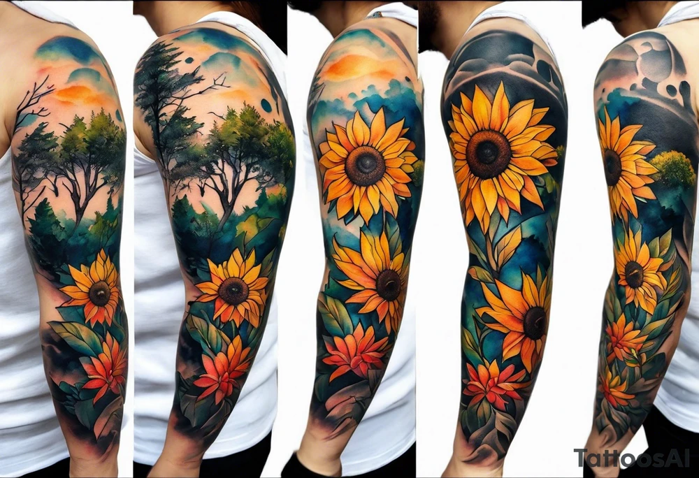 Small Watercolor inside arm tattoo, 4 inches. Black kite (Daya's name), nature (trees/flowers), rock/metal vibe (bold lines), sunflower. tattoo idea