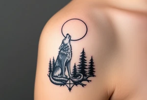 Lone wolf howling at the moon in the forest in the night Columba star tattoo idea