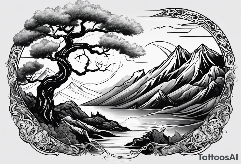 Full arm sleeve, tree going up to shoulder dead tree going down to wrist, wrapped in a serpent moving down with mountain, water, and demonic elements tattoo idea