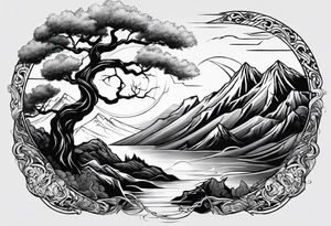 Full arm sleeve, tree going up to shoulder dead tree going down to wrist, wrapped in a serpent moving down with mountain, water, and demonic elements tattoo idea