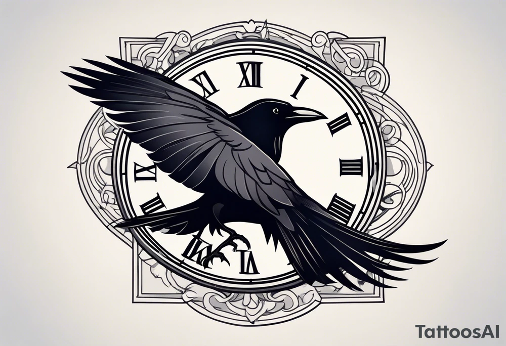 raven perched on clock tattoo idea