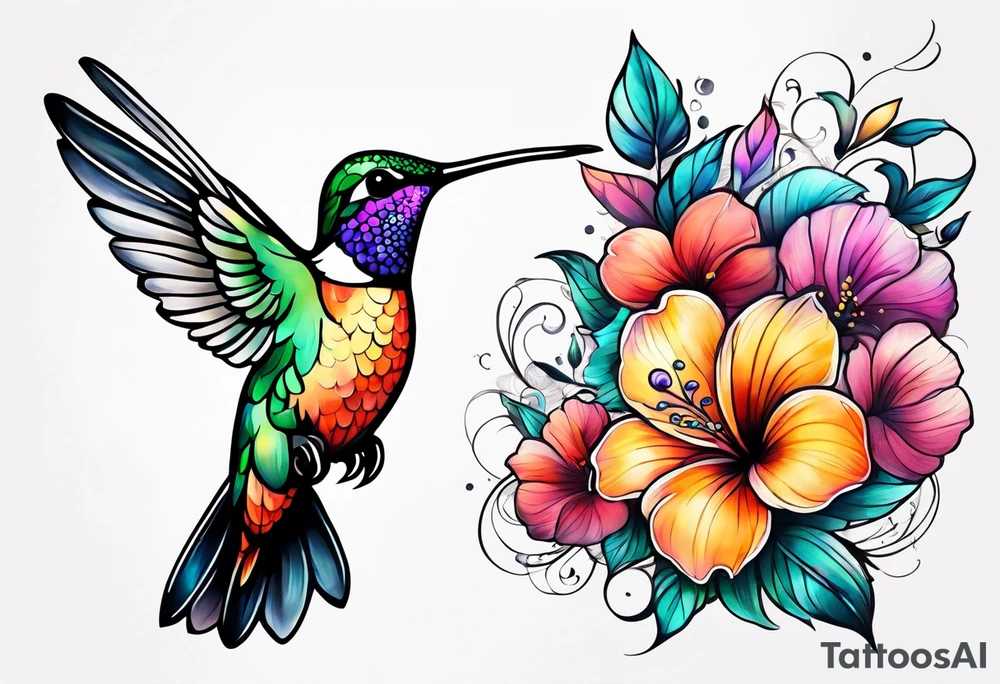 Flowers and humming bird with the name Kieanna tattoo idea