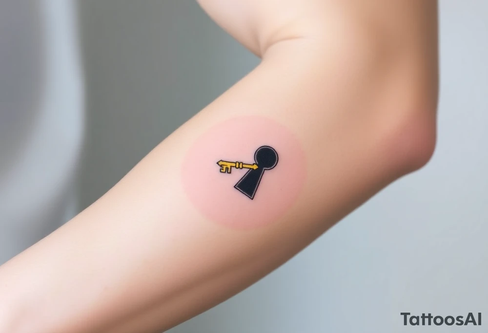 A minimalist golden keyhole silhouette, with a minimalist key resting beside it tattoo idea
