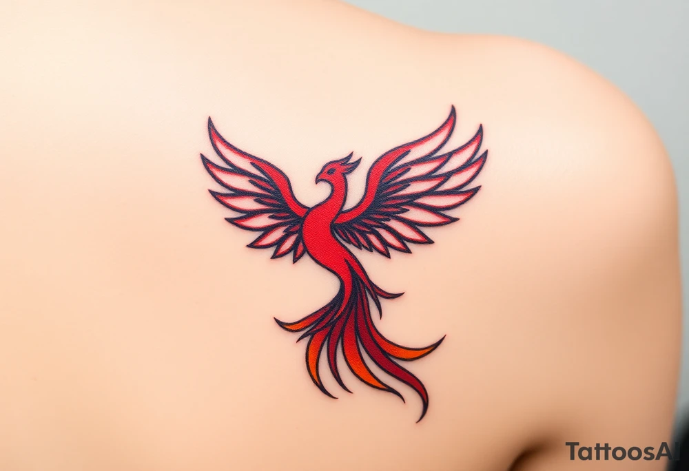 Phoenix rising from the ashes with the colors red, pink, orange and purple. Size 3 cm wide and 5 cm high tattoo idea