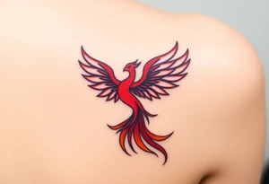 Phoenix rising from the ashes with the colors red, pink, orange and purple. Size 3 cm wide and 5 cm high tattoo idea