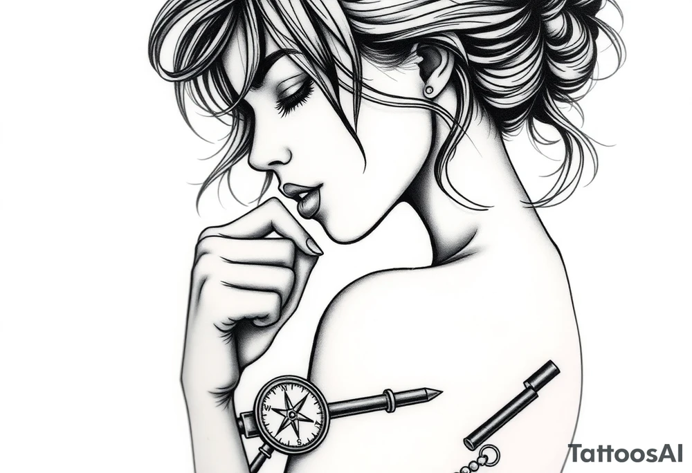 Profile of sexy woman with messy hair 
,resting chin on fist 
, mouth open  , lace, lipstick,  pearls 
compass and gun near by tattoo idea