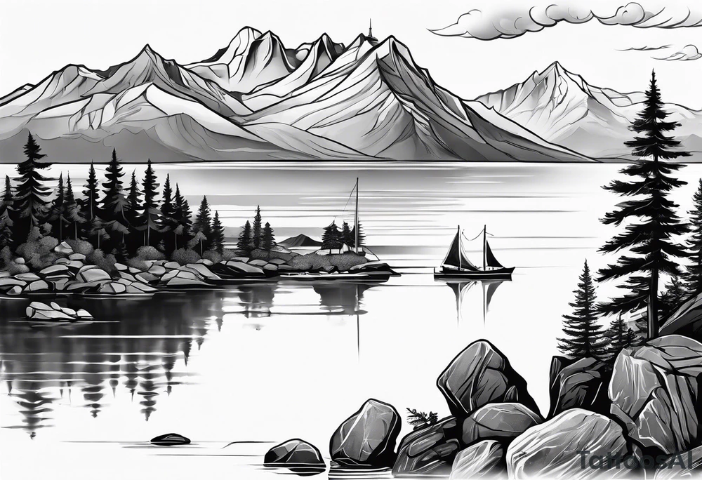 Lake view with mountains, splitted by rocks and trees and a Sea view port syle tattoo idea