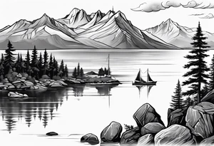 Lake view with mountains, splitted by rocks and trees and a Sea view port syle tattoo idea