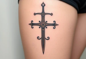 A medieval sword-shaped "T" in iron black with bronze highlights. tattoo idea