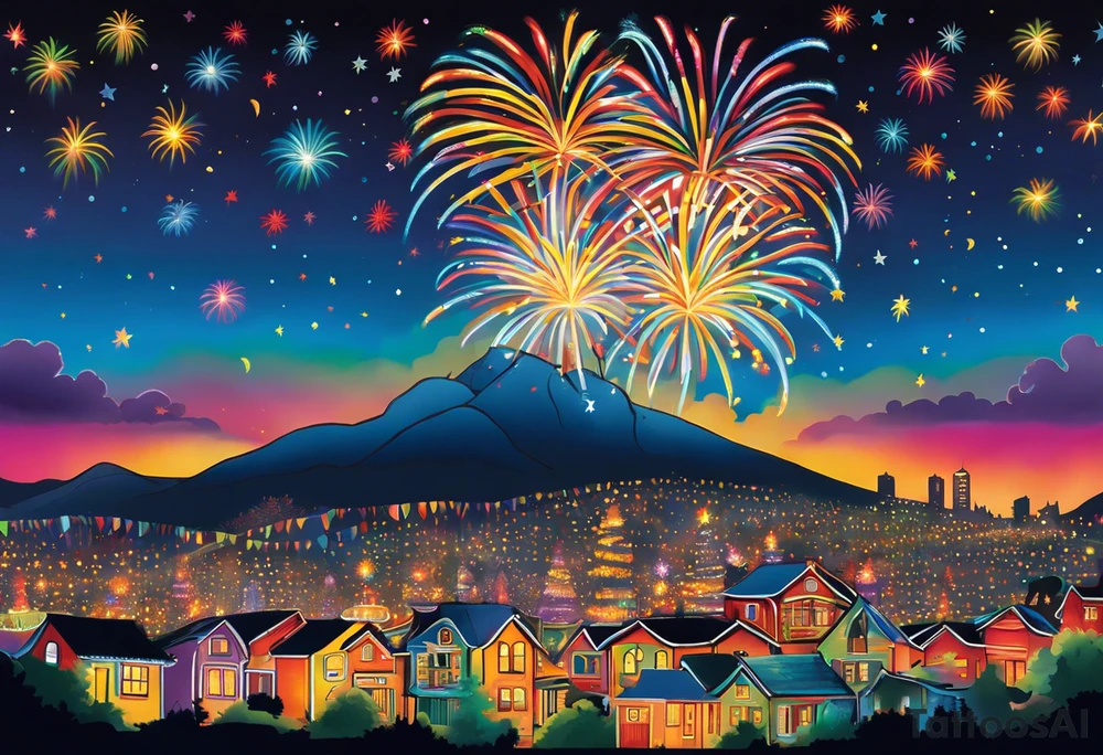 Fireworks burst across the night sky, surrounded by glowing candles and stars, capturing the magic and nostalgia of Colombian December nights. The scene is vibrant with multi-colored lights and an air of celebration. Soft linework mist or halos around the fireworks adds a magical, dreamy quality to the scene. The tattoo reflects joy and tradition, with an emphasis on warmth and festivity. tattoo idea