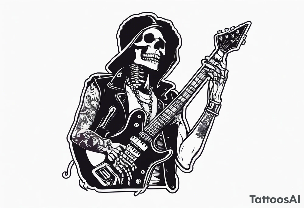 A rockstar skeleton performing with an electric guitar and doing metal horns. tattoo idea