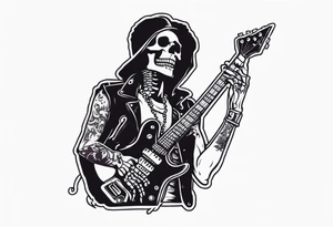 A rockstar skeleton performing with an electric guitar and doing metal horns. tattoo idea