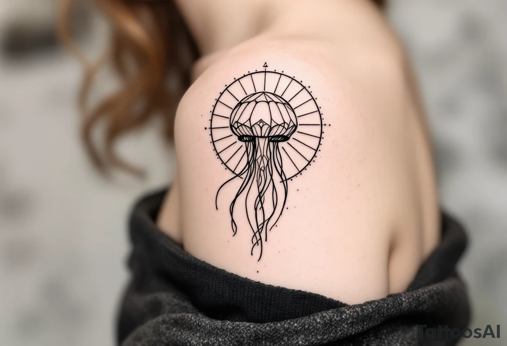 minimal fine-line tattoo, single jellyfish, sacred geometry surround, dotwork patterns, jellyfish bell dome, flowing tentacles, trailing streamers, geometric mandala, radiating dotwork, minimalist design, black grey lines, soft shading, no outlines, geometric frame, organic jellyfish form, upper arm shoulder placement, light airy feel, delicate linework, geometric backdrop, clean lines, radiating patterns, simple jellyfish centerpiece, minimalist tattoo idea