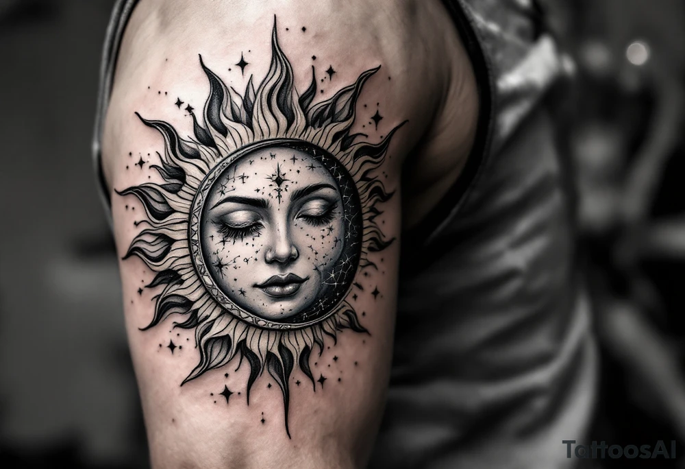 celestial sun and moon embrace with constellation patterns tattoo idea