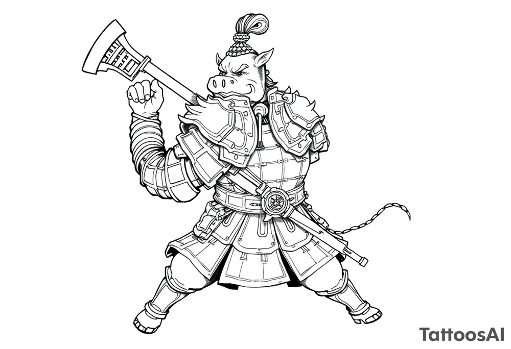 Please design a tattoo stencil linework drawing of Marshal Tian Peng (Pigsy from Chinese mythology) in a realistic traditional tattoo style. He should be wearing heavy armor, holding a weapon (like a rake or traditional polearm), with a dynamic pose as if charging out of the frame.
This design is for tattoo stencil transfer, so please use only clean black outlines, no shading, no colors, just clear line art suitable for professional tattoo artists to transfer on skin. tattoo idea
