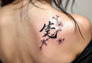 The character 爱 (ài, “love”) in deep red ink is often paired with a cherry blossom to symbolize passion and fleeting beauty. tattoo idea