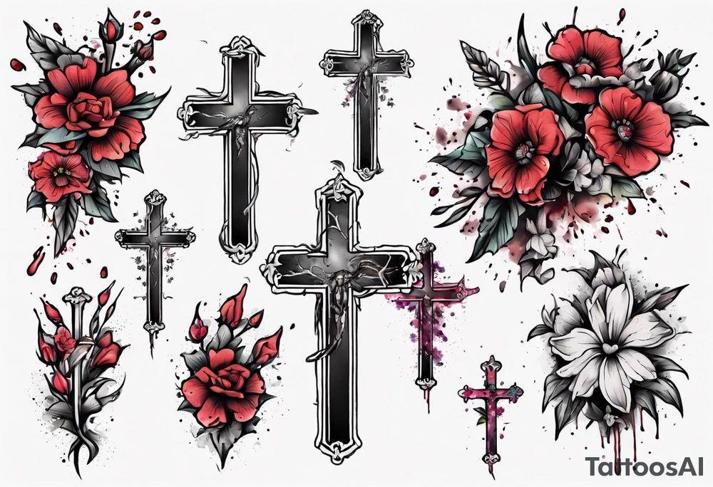 a bleeding cross covered in flowers tattoo idea