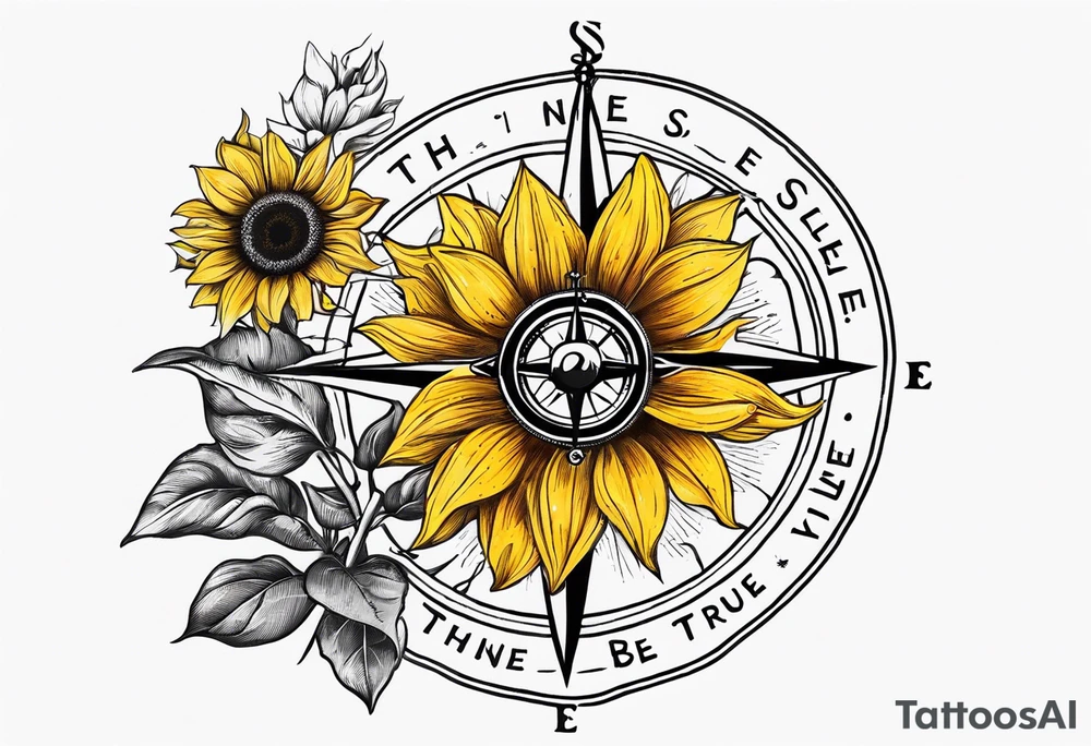 Sunflower and a compass, with the words "To Thine Own Self Be True" tattoo idea