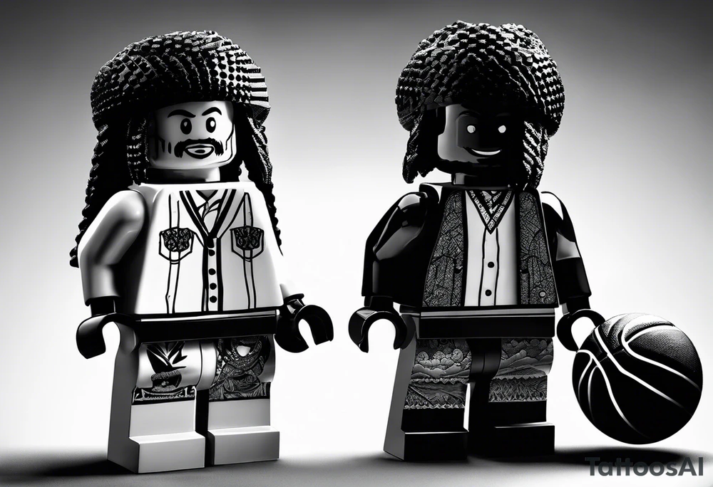 2 Lego figures in one scenery, one of them will be a Rastaman who is looking at the other one dribbling a basketball tattoo idea