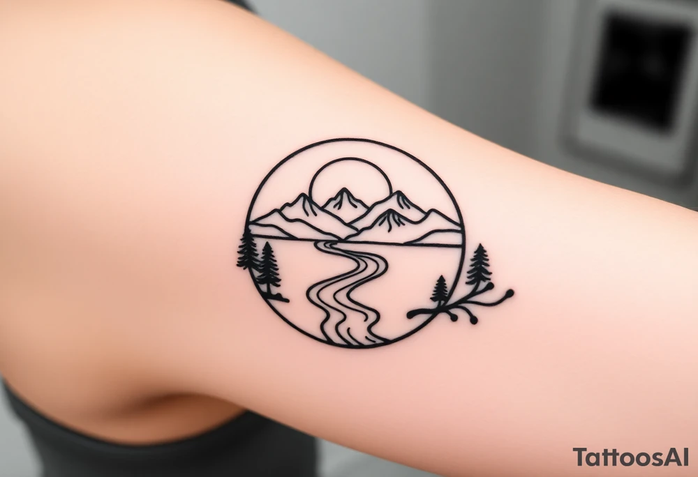 mountains. river and sunrise, let it all be inside one circle. draw a line and divide the circle into two parts, let one part be like day and the other part like night tattoo idea