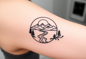 mountains. river and sunrise, let it all be inside one circle. draw a line and divide the circle into two parts, let one part be like day and the other part like night tattoo idea