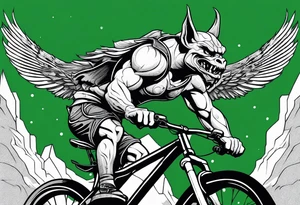 gargoyle riding a green full suspension mountain bike with a shadow no background with wings tattoo idea