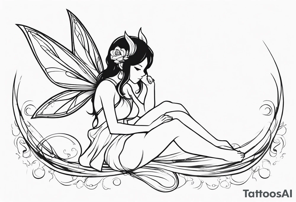 No color sketch of a fairy with a tail inspired by the guild symbol in the anime show called Fairy Tail in a fetal position leaning in and forward while crawled in hugging herself floating tattoo idea