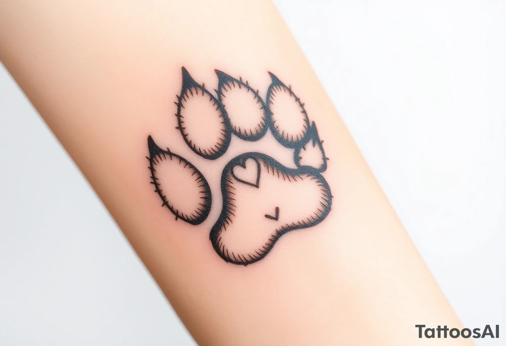 A detailed cat paw print with soft fur textures, using natural tones of cream, gray, and light brown and hearts within tattoo idea