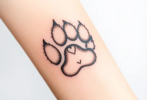 A detailed cat paw print with soft fur textures, using natural tones of cream, gray, and light brown and hearts within tattoo idea