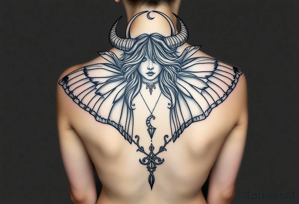 A powerful extremely sexy depiction of a start date with angel wings resembling that of a lunar moth and horns resembling the moths antennas with the son of of her head as if a Halo with two crescent men's off to each side full frontal tattoo idea