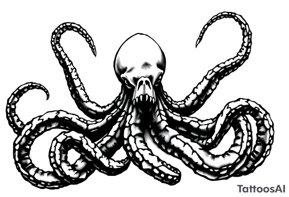 A minimalist blackwork tattoo design of kraken from pirates of the caribeen. The kraken is viewed from a 45-degree angle facing left, with its head centered. tattoo idea