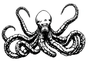 A minimalist blackwork tattoo design of kraken from pirates of the caribeen. The kraken is viewed from a 45-degree angle facing left, with its head centered. tattoo idea