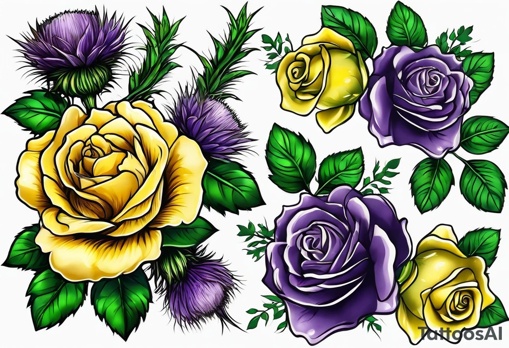 Yellow rose, purple thistle, and green shamrock with lettering KND tattoo idea