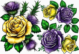 Yellow rose, purple thistle, and green shamrock with lettering KND tattoo idea