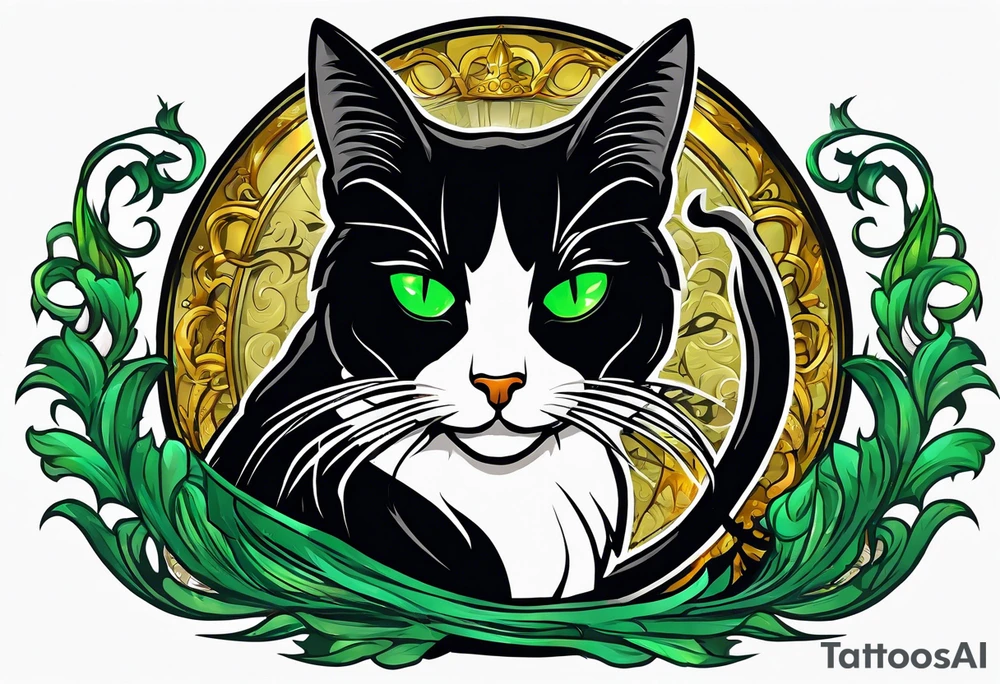 Black cat with green eyes hissing with its tail wrapped around the hilt of a sword tattoo idea