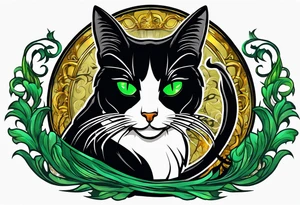 Black cat with green eyes hissing with its tail wrapped around the hilt of a sword tattoo idea