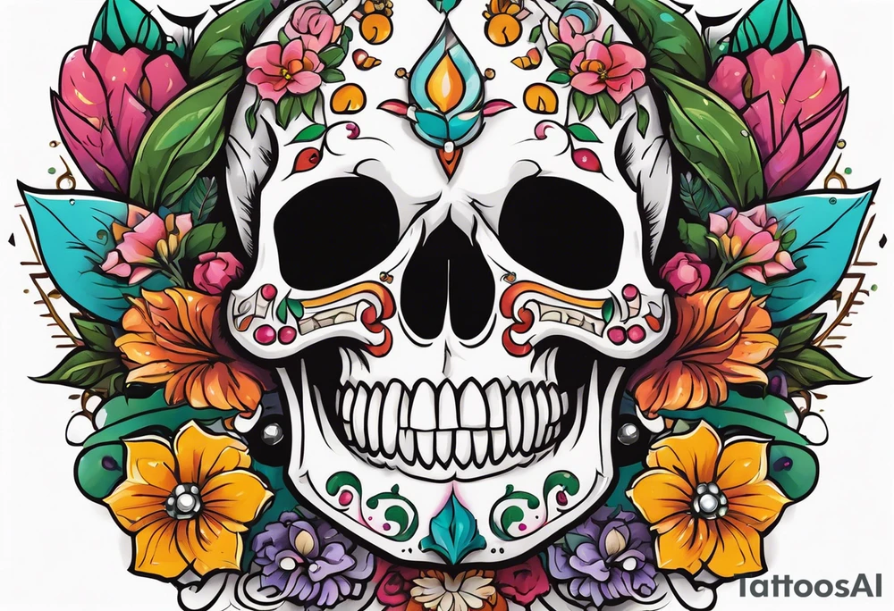 Floral chest piece with animal skull and gems tattoo idea