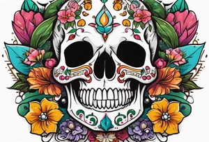 Floral chest piece with animal skull and gems tattoo idea