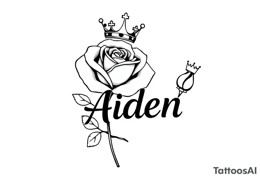 Rose with no stem with a kings crown above it and the name Aiden large Infront of it going to the right 


A rose bud with a kings crown on-top towards the left tattoo idea