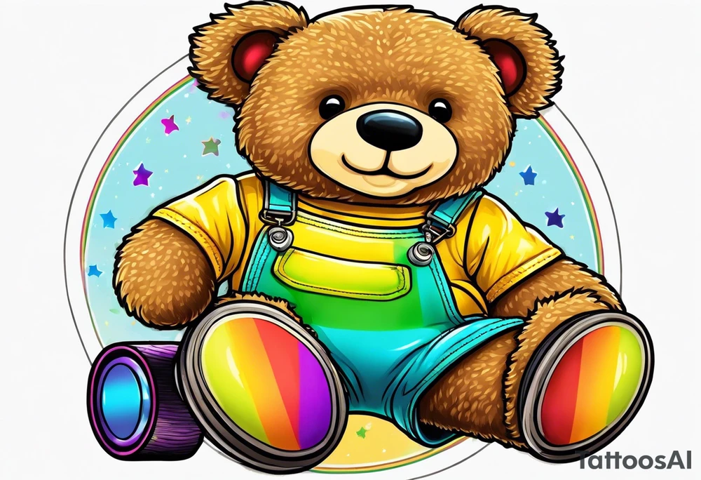 A light brown teddy bear in yellow overalls, wearing rainbow colored roller skates tattoo idea