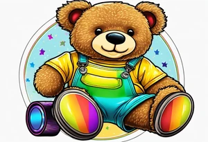 A light brown teddy bear in yellow overalls, wearing rainbow colored roller skates tattoo idea