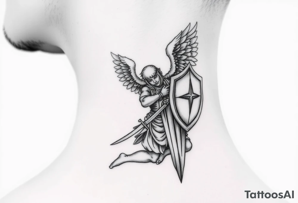 Kneeling warrior angel with a sword and shield tattoo idea