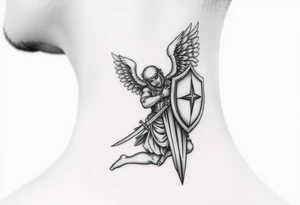 Kneeling warrior angel with a sword and shield tattoo idea
